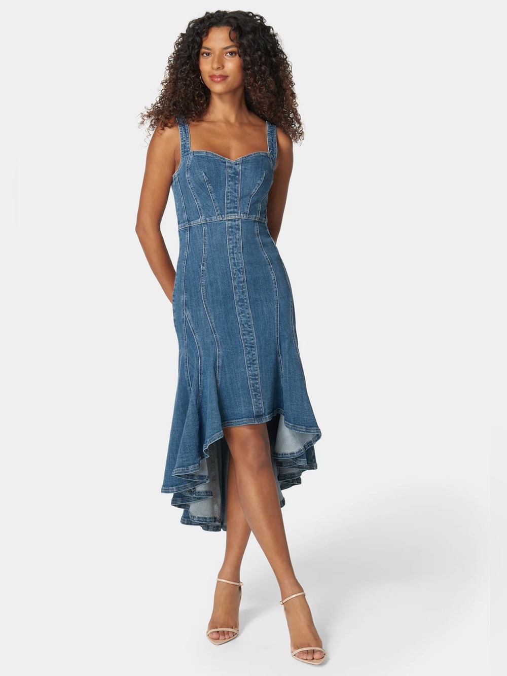 Bebe Sweetheart Neck High-Low Trumpet Denim Dress